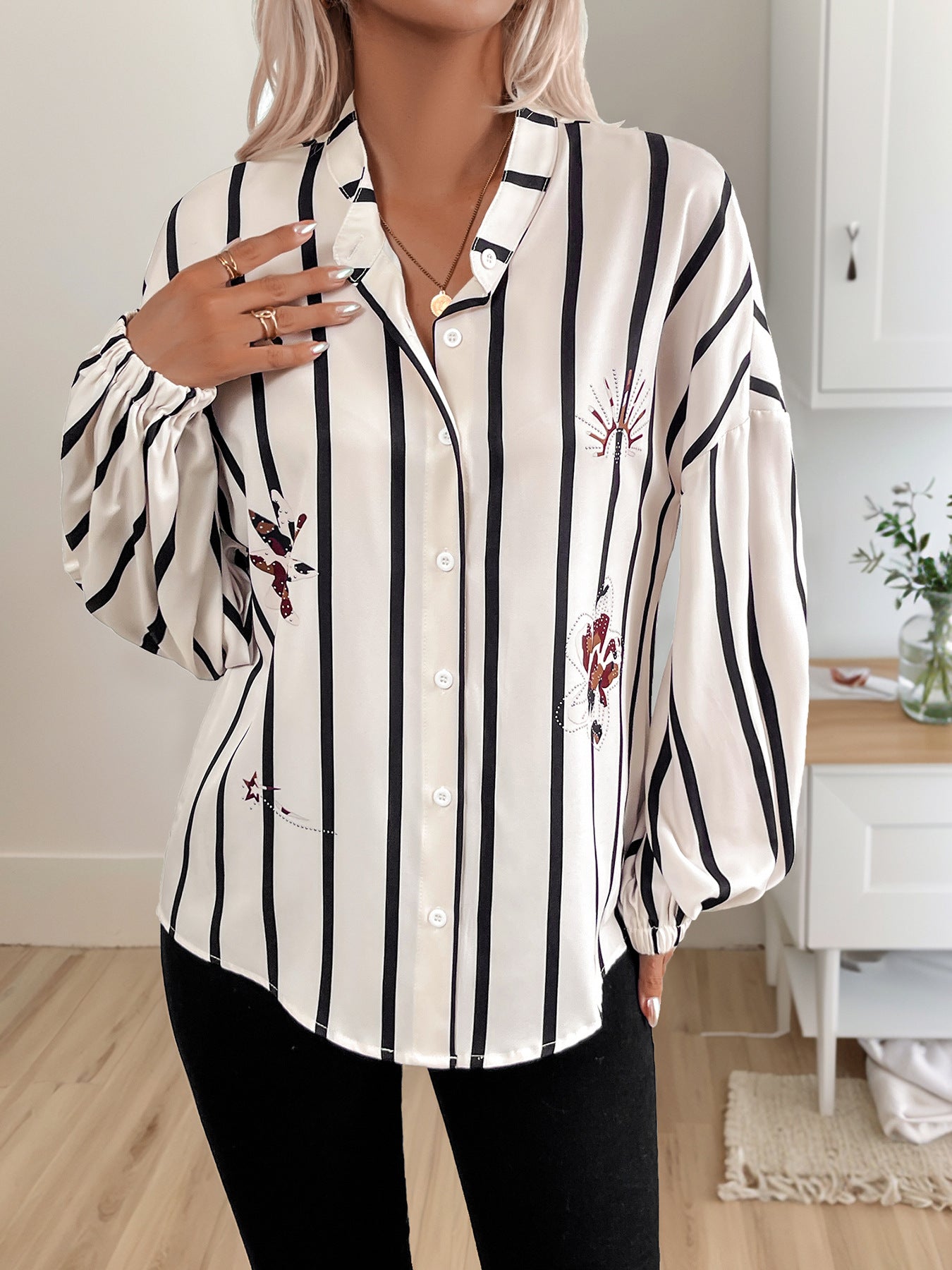 Stand-up Collar Long-sleeved Cardigan Top Striped Print Shirt