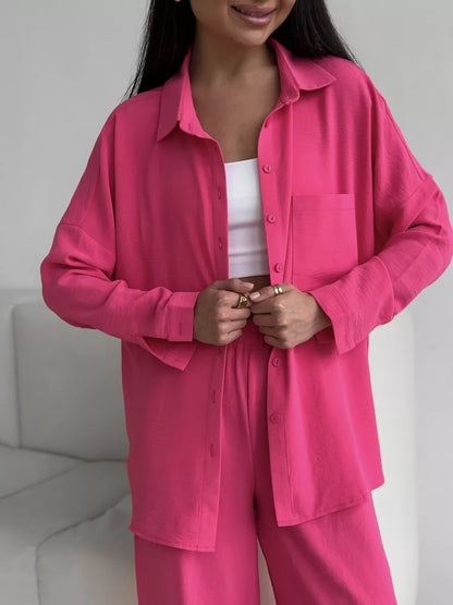 Two Piece Shirt Pants Set Wide Leg Casual Outfit