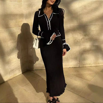 Contrast Trim Knit Maxi Dress Polo Collar Bell Sleeve