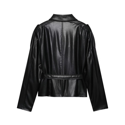 Women's Faux Leather Belted Cropped Lapel Jacket