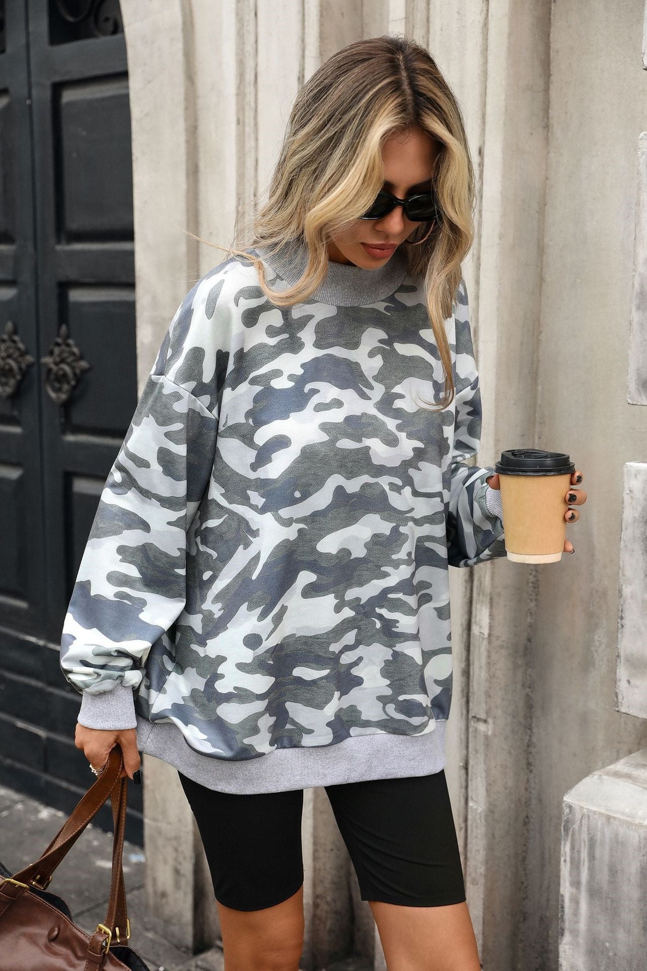 Women's Oversized Printed Mock Neck Sweatshirt Long Sleeve