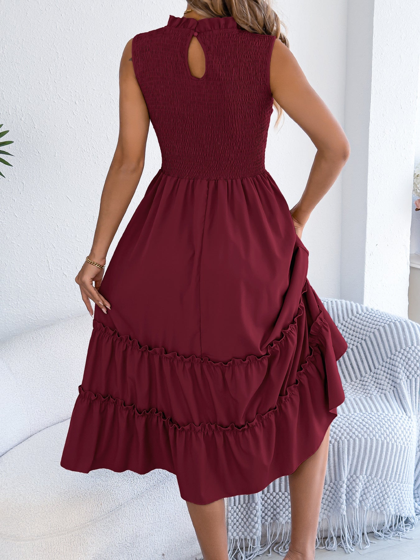 Smocked Sleeveless Ruffle Midi Dress Flowy Summer