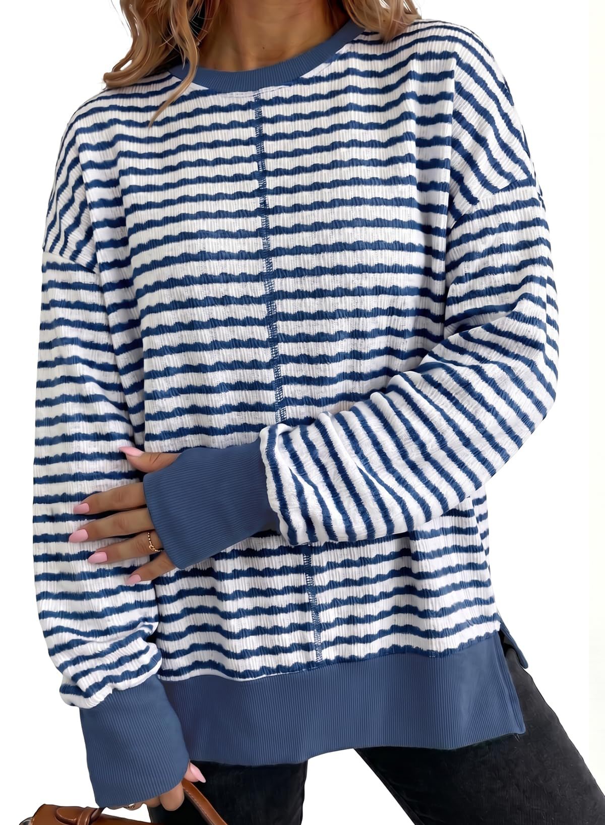 Women's Oversized Striped Crewneck Sweatshirt Side Slit