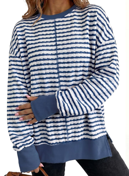 Women's Oversized Striped Crewneck Sweatshirt Side Slit