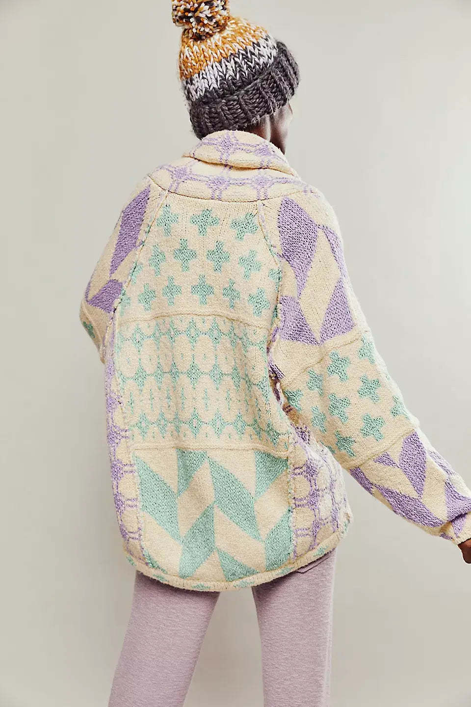 Y2K Oversized Geometric Knit Cardigan Button Front