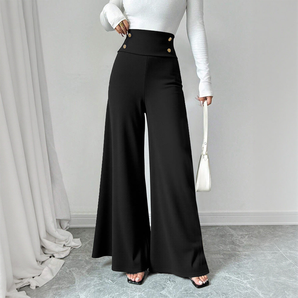 Black High Waist Wide Leg Pants Button Trousers