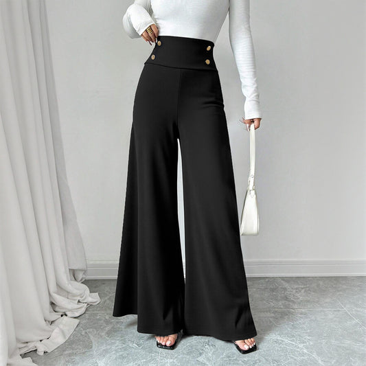 Black High Waist Wide Leg Pants Button Trousers