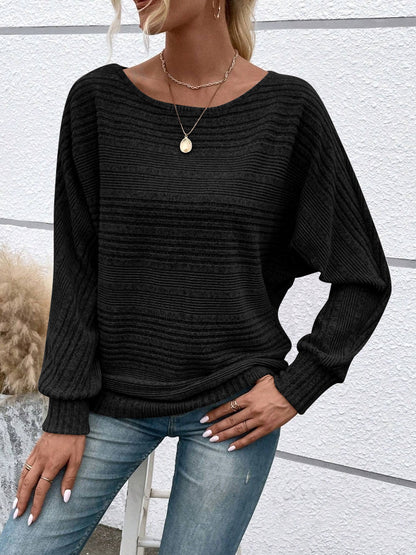 Ribbed Batwing Sleeve Sweater Top Women Casual Pullover