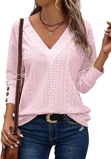 Women's Loose V-Neck Eyelet Long Sleeve Blouse Top