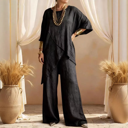 Women's Linen 2PC Set Asymmetric Hem Wide Leg Pants