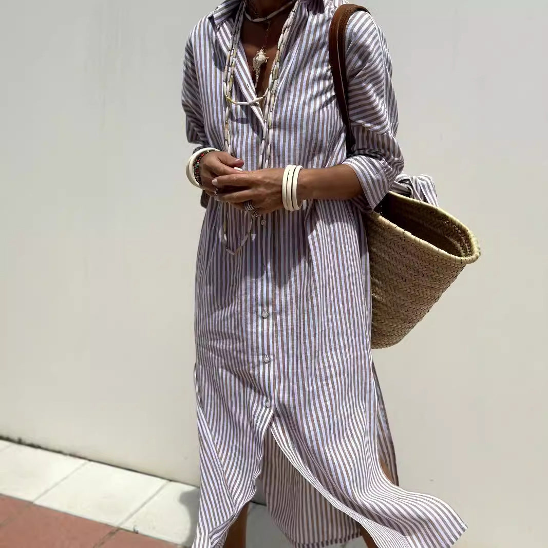Striped Button Down Shirt Dress Half Sleeve Midi Tie Waist