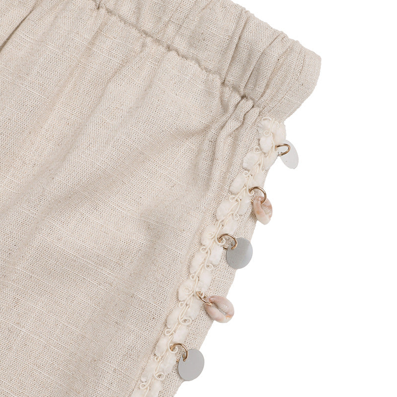 Boho Beach Wide Leg Pants Shell Trim Drawstring