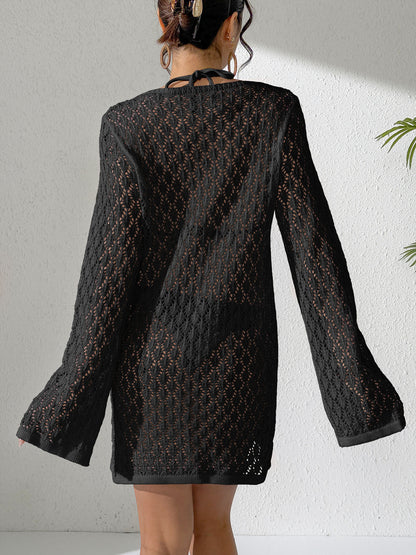 Women's Sheer Crochet Swim Cover Up Long Sleeve Beach Dress