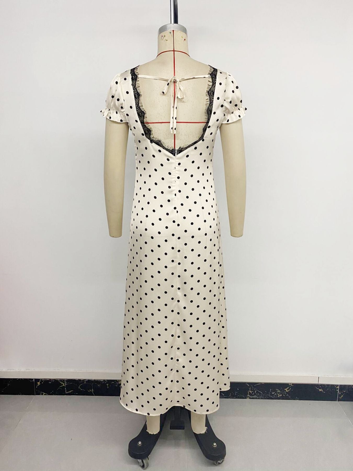 Vintage French Style Polka Dot Lace Splice Deep V Back Dress