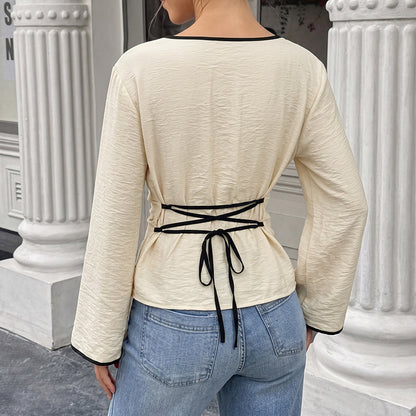 Back Tie Boat Neck Long Sleeve Slim Fit Knit Top