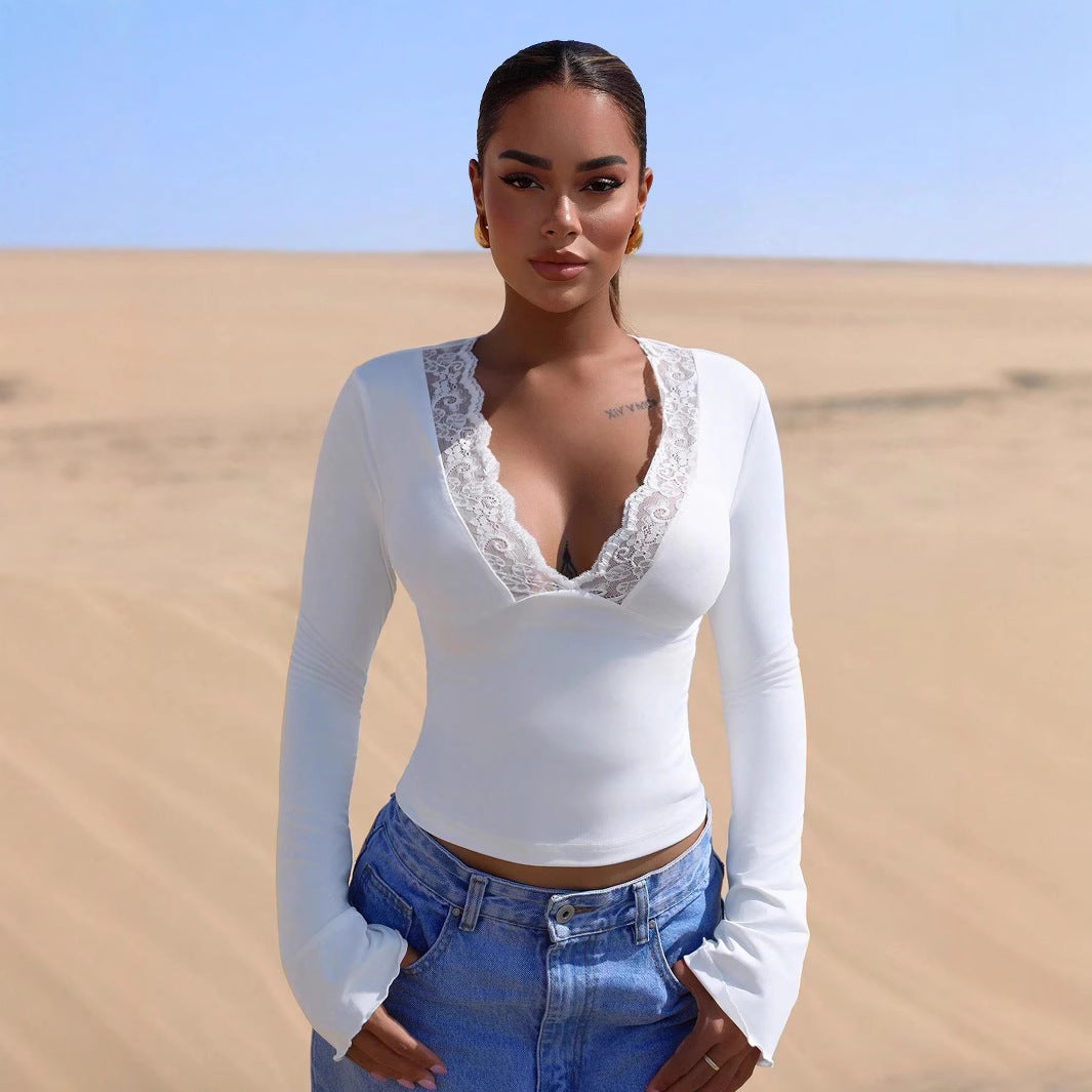 V-Neck Lace Trim Long Sleeve Sexy Slim Top for Women