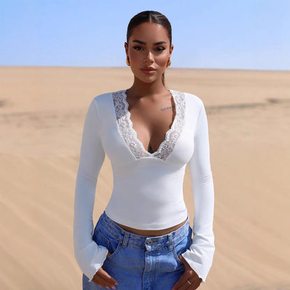 V-Neck Lace Trim Long Sleeve Sexy Slim Top for Women