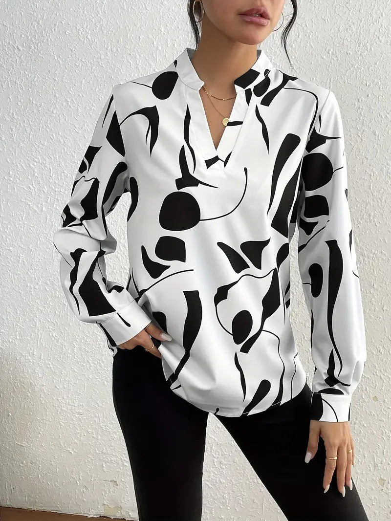 Women's Geometric V Neck Long Sleeve Casual Loose Blouse