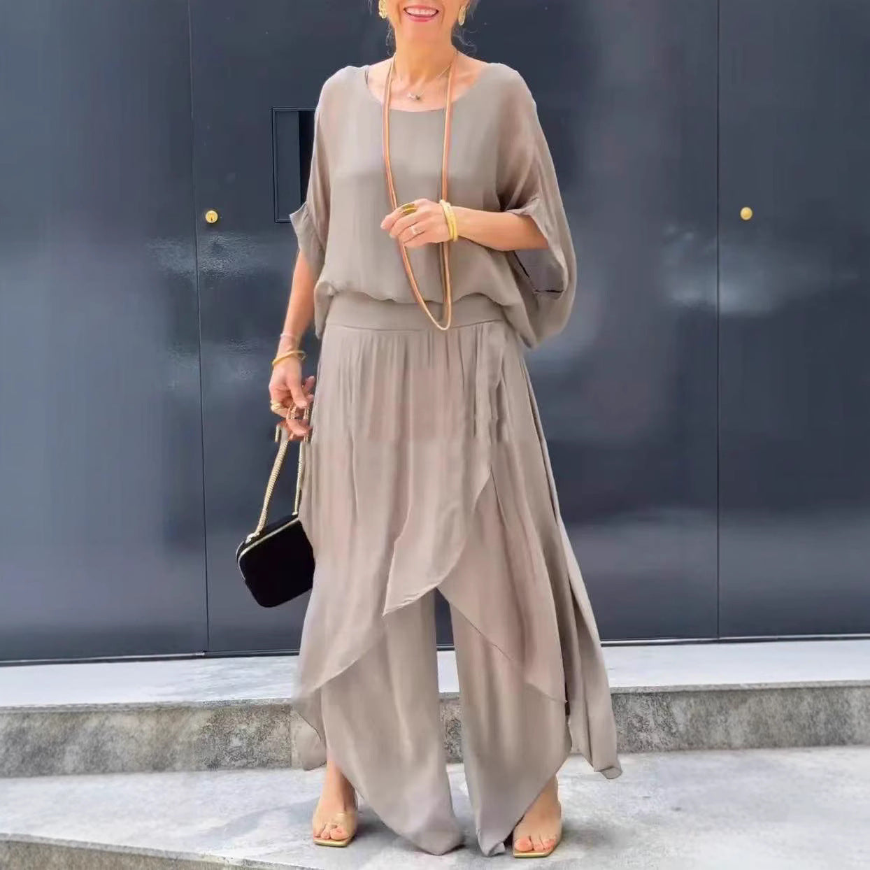 Womens Chiffon Two Piece Set Wide Leg Pants Flowy Ruffle