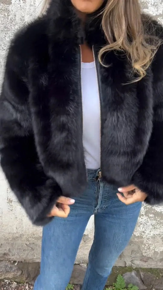 Women's Faux Fur Zip Up Jacket High Neck Streetwear