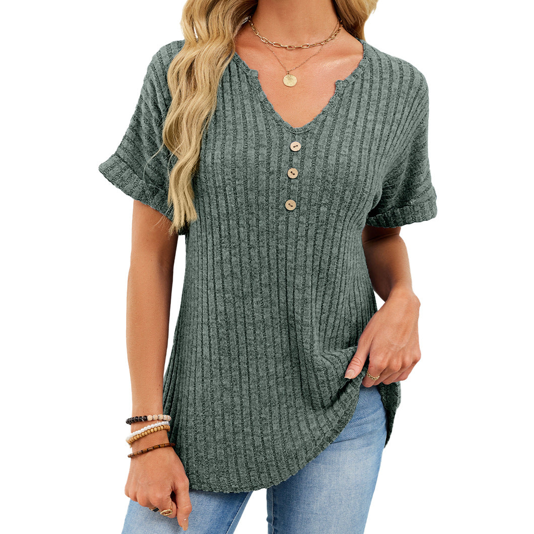 Ribbed V-Neck Button Top – Loose Fit Summer Casual Tee