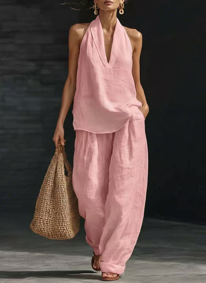 Women's Sleeveless Halter Top Wide Leg Pants Matching Set