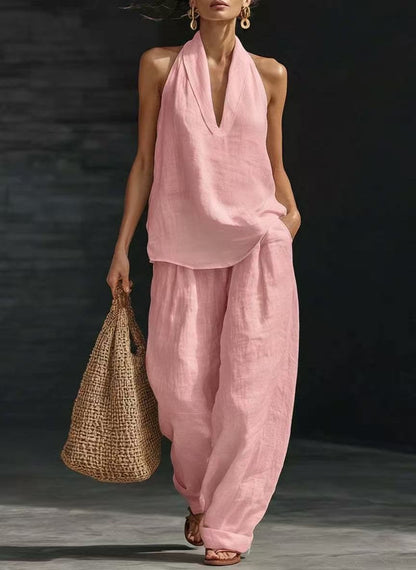 Women's Sleeveless Halter Top Wide Leg Pants Matching Set