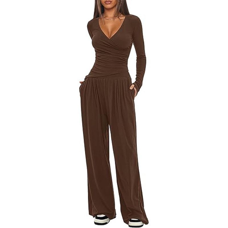 Women's 2 Piece V Neck Wide Leg Pants Lounge Set