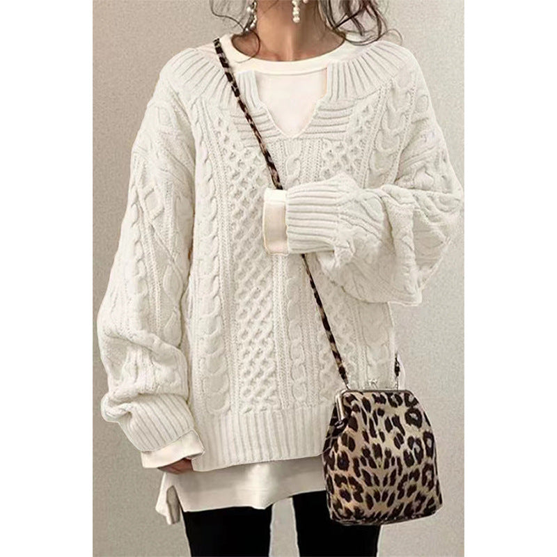 Women's Oversized Cable Knit V-Neck Pullover Sweater
