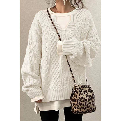 Women's Oversized Cable Knit V-Neck Pullover Sweater
