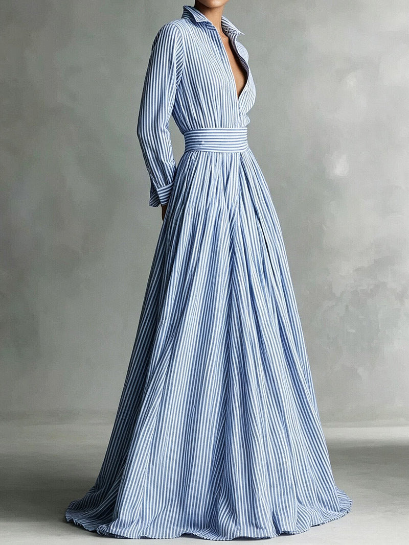Striped Maxi Shirt Dress Long Sleeve Button Down High Waist