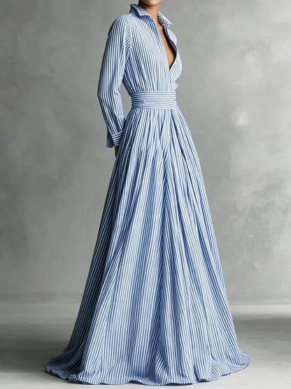 Striped Maxi Shirt Dress Long Sleeve Button Down High Waist