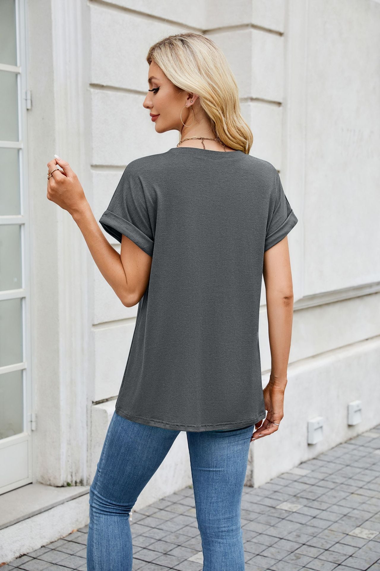 Solid Knit T Shirt Loose Fit Casual Custom Top