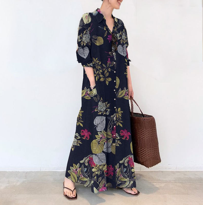 Floral Maxi Shirt Dress Long Sleeve Pockets