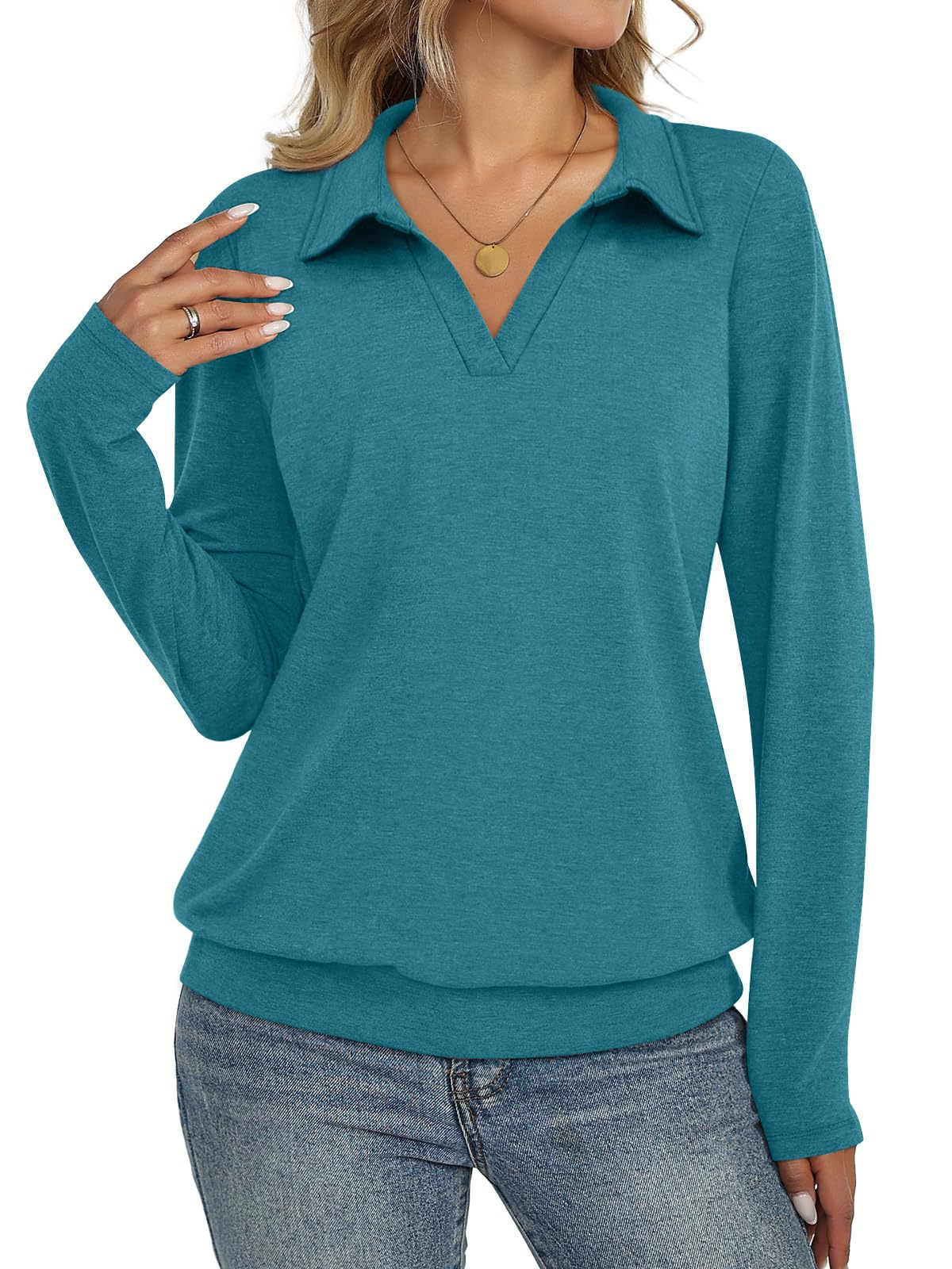 Women's Collared V Neck Long Sleeve Casual Knit Top