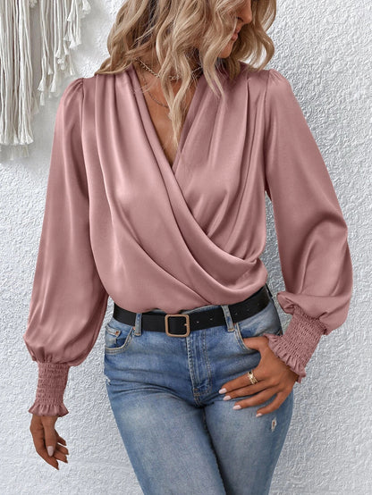 Women's Draped V-Neck Balloon Sleeve Smocked Cuff Blouse