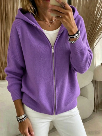 Hooded Zip Up Knit Cardigan with Drop Shoulders