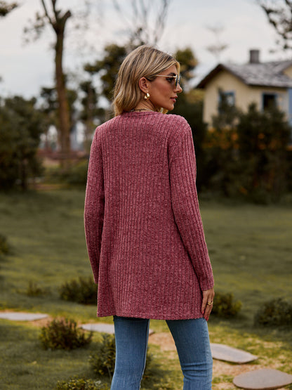 Ribbed Knit Cardigan Long Sleeve Button Pocket Sweater