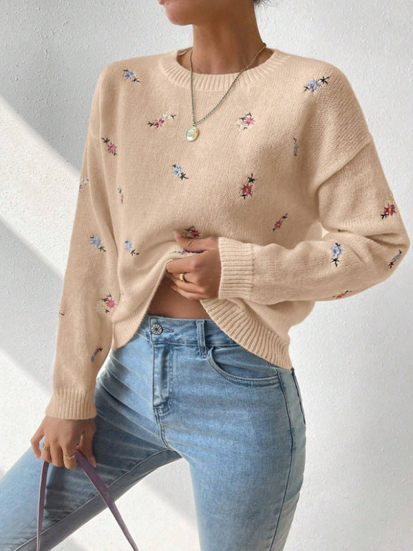 Women's Floral Embroidered Crew Neck Knit Sweater