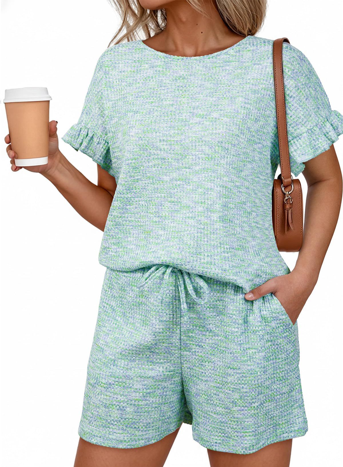 Textured Knit Lounge Set Ruffle Sleeve Drawstring