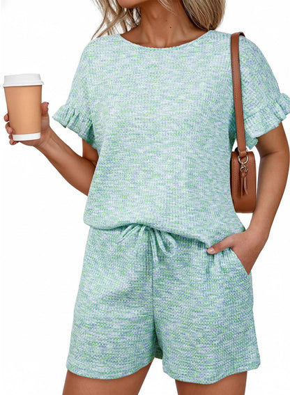 Textured Knit Lounge Set Ruffle Sleeve Drawstring