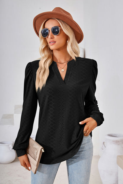 Women's V Neck Puff Sleeve Textured Tunic Top Long Sleeve