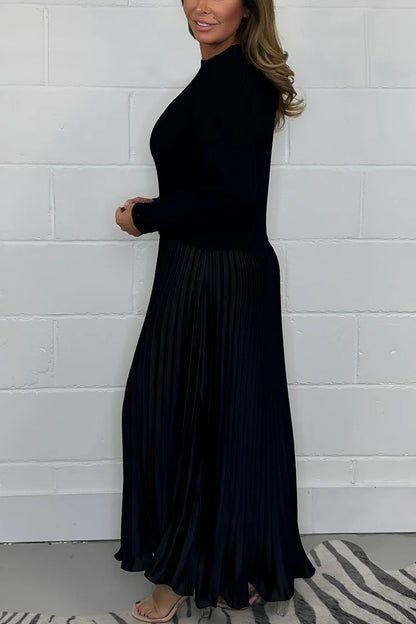 Women's Long Sleeve Ribbed Knit Pleated Maxi Dress