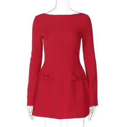 Red Off Shoulder Long Sleeve Mini Dress with Bow Detail