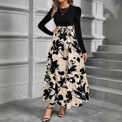 Women's Floral Tiered Maxi Dress Long Sleeve Belted Casual
