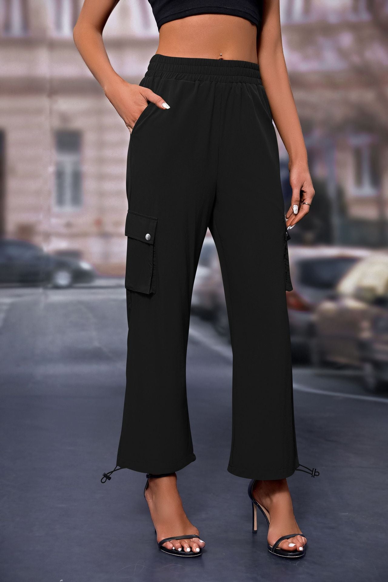 Women's High-Waisted Drawstring Cargo Pants, Baggy Parachute Utility Trousers