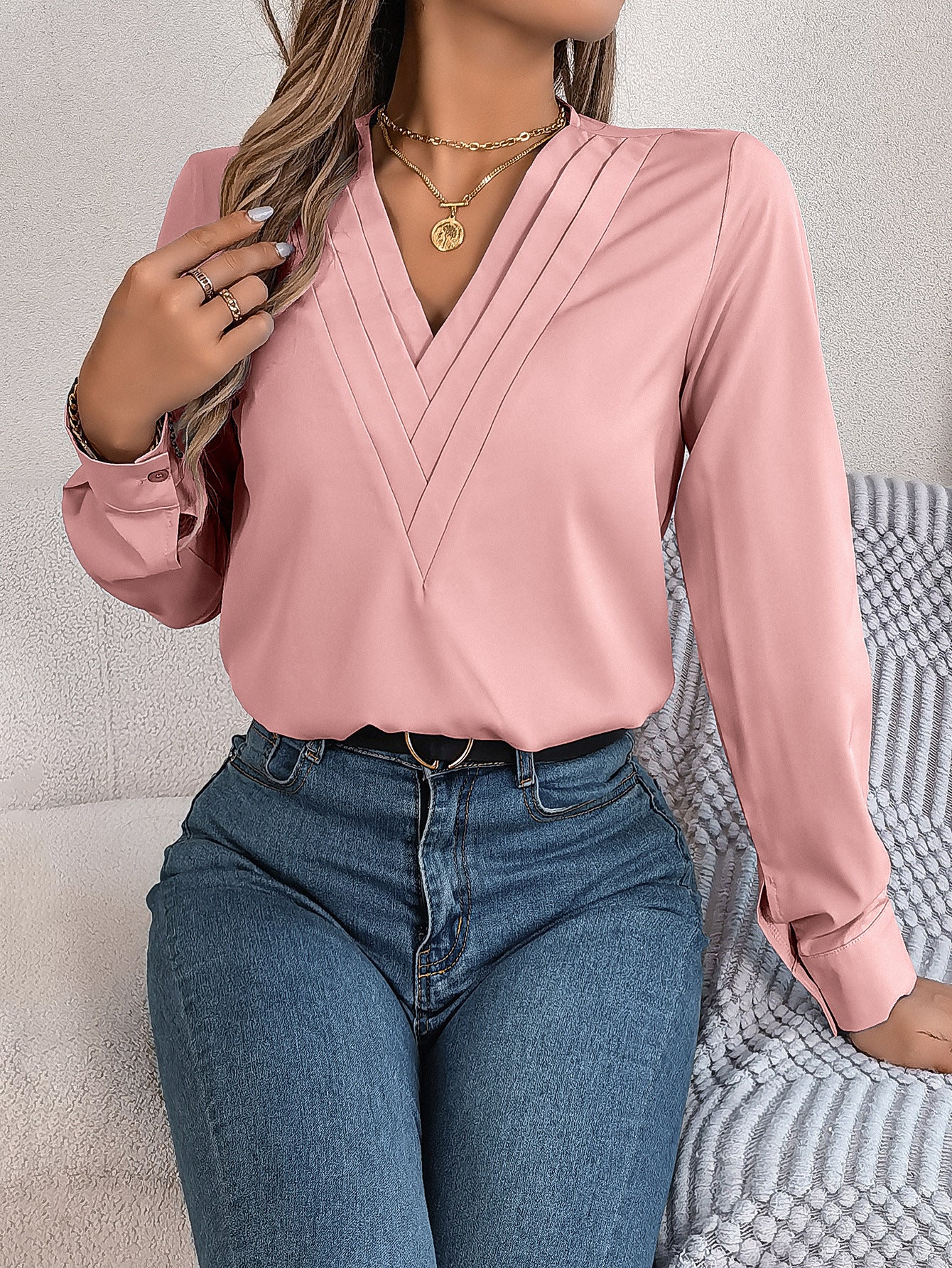 Elegant Layered V-Neck Long Sleeve Blouse – 2025 Fall/Winter