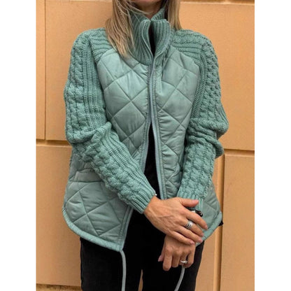 Women's Quilted Zip Jacket Cable Knit Sleeve Stand Collar