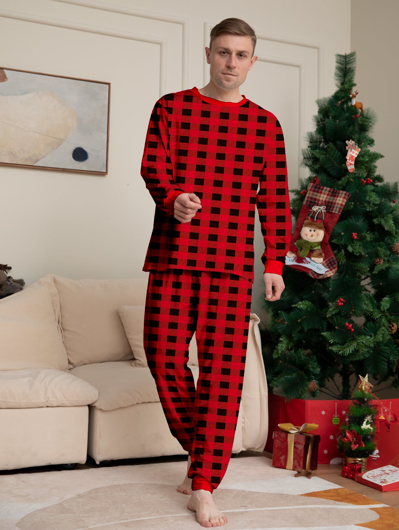 Red and Black Plaid Parent-child Printed Christmas Pajama Set