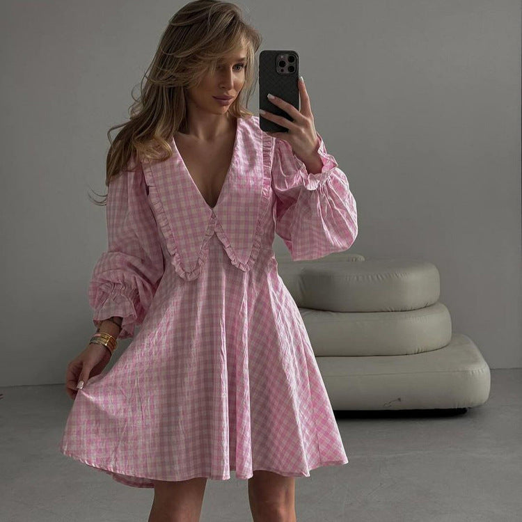 Pink Plaid Long Sleeve Ruffle Collar Mini A-Line Dress